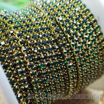 Стразовая цепь SS6 emerald (темно-зеленый)/золото, 50 см (08-зол)