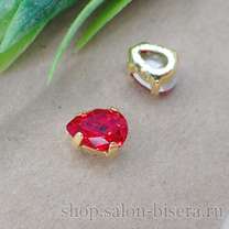 Кристалл Drop (капля) светло-красный в оправе золото, 8x6 мм